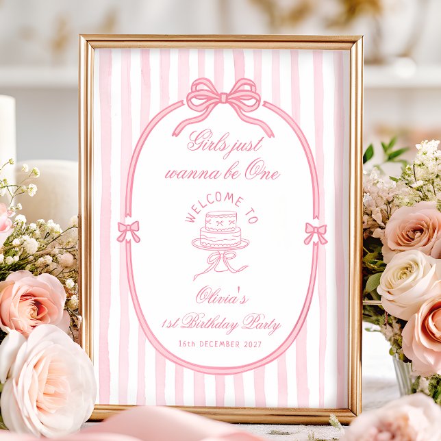 Pink Bow Tjej 1-års Födelsedagsvälkomst Poster (Skapare uppladdad)