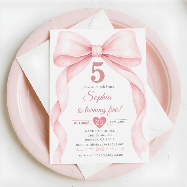 Pink Bow Tjej 5-årsdag Inbjudningar (Skapare uppladdad)