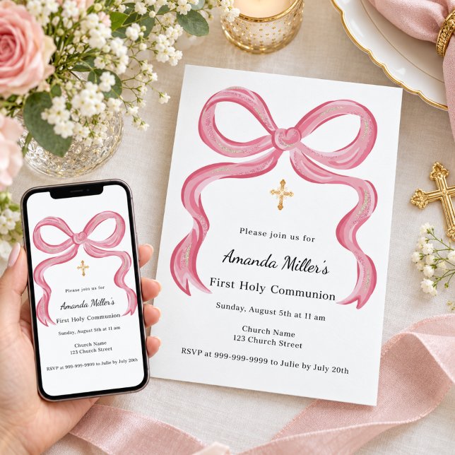 Pink bow tjej första kommunion inbjudningar (Skapare uppladdad)