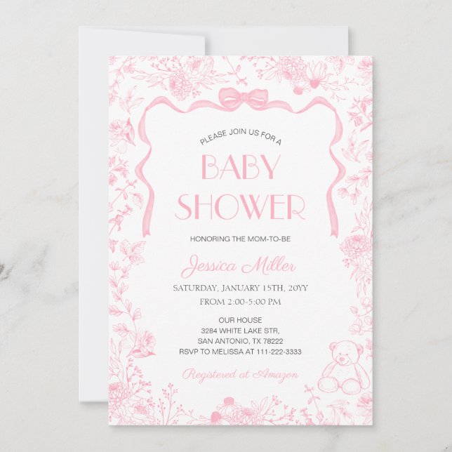 Pink Bow Toile De Jouy Girl Baby Shower Inbjudningar (Framsida)