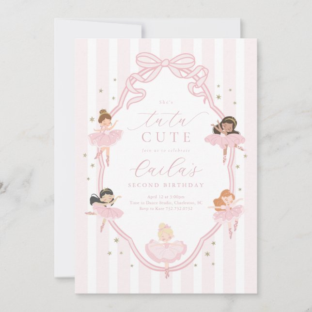 Pink Bow Tutu Cute Ballerina Birthday Invitation Inbjudningar (Framsida)