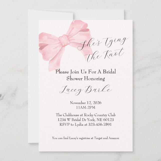 Pink Bow Tying the Knot Bridal Shower Invitation - Inbjudningar (Framsida)