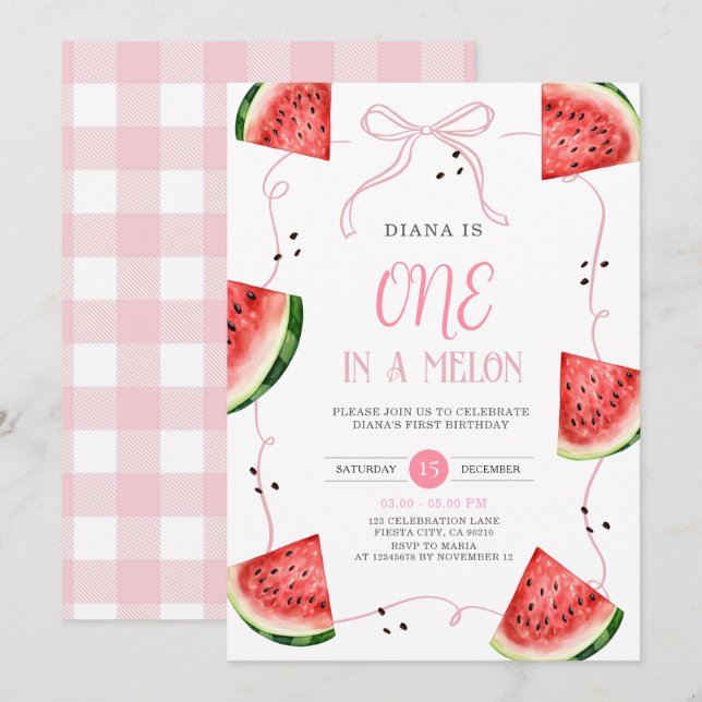Pink Bow Watermelon First Birthday Invitation Inbjudningar (Fram/baksida)