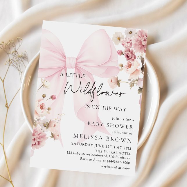 Pink Bow Wildflower Baby Shower Invitation Inbjudningar (Skapare uppladdad)