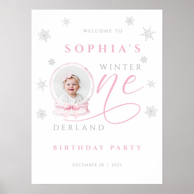 Pink Bow Winter First Birthday Welcome Sign Poster (Framsidan)