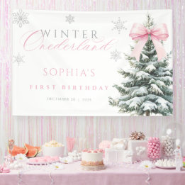 Pink Bow Winter Onederland First Birthday Banner