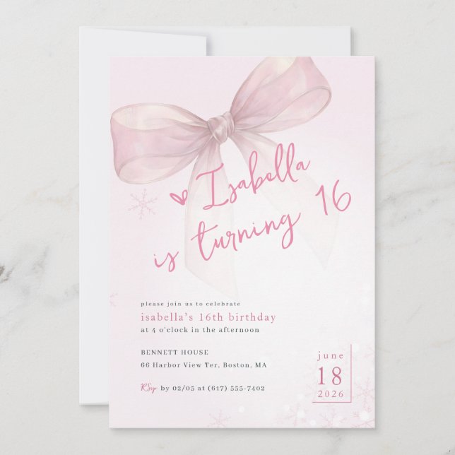 Pink Bow Winter Snowflake Girl 16th Birthday Inbjudningar (Framsida)