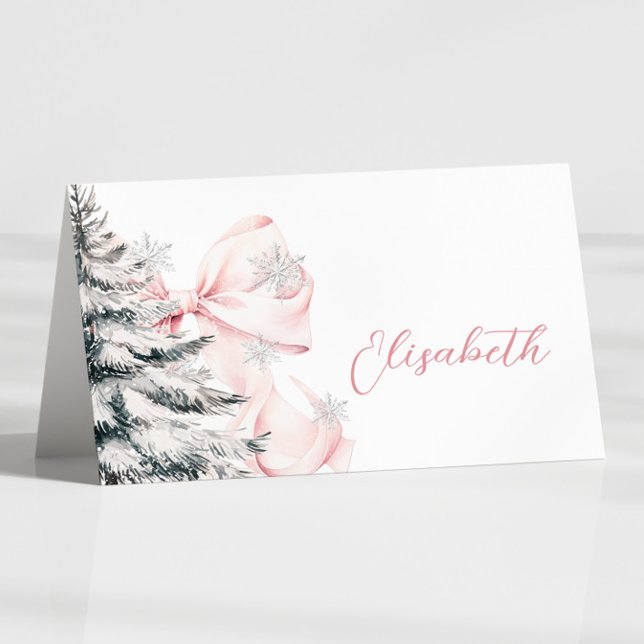 Pink Bow Winter Table Place Card  Bordsnummer (Skapare uppladdad)