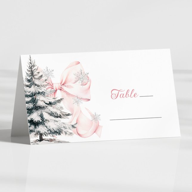 Pink Bow Winter Table Place Card  Placeringskort (Skapare uppladdad)