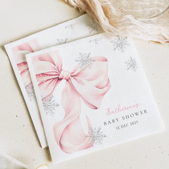 Pink Bow Winter Theme Snowflake Baby Shower Pappersservett (Skapare uppladdad)