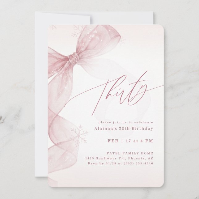 Pink Bow Winter Thirty Birthday Girl Party Inbjudningar (Framsida)