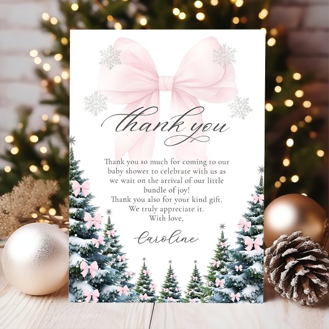 Pink Bow Winter Trees Baby Shower Thank You Card Tack Kort (Skapare uppladdad)