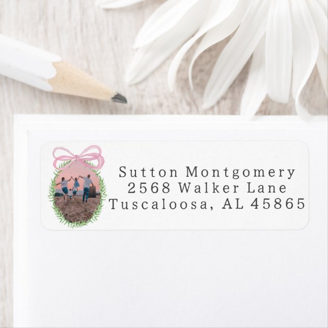 Pink Bow Wreath Photo Frame Address Returadress Etikett (Insitu)