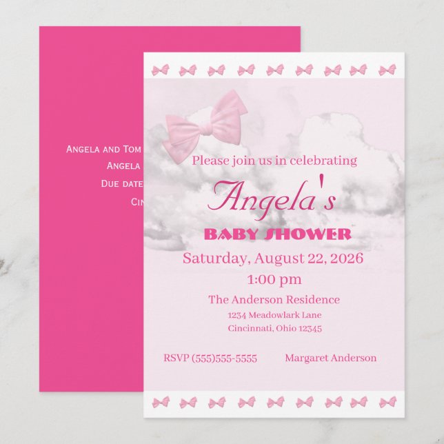 Pink Bows Baby Shower Invitation Inbjudningar (Fram/baksida)