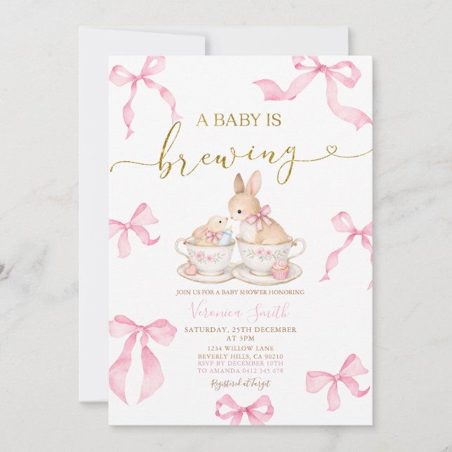 Pink Bows Bunny Tea Party Baby Shower Invitation Inbjudningar (Framsida)