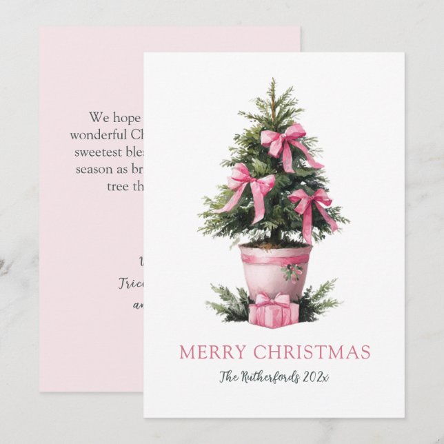 Pink Bows Merry Christmas Tree Card Julkort (Fram/baksida)