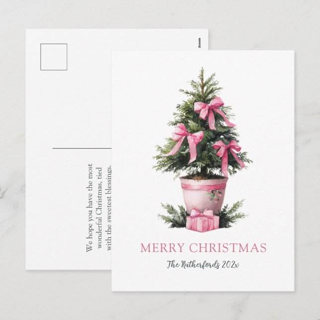 Pink Bows Merry Christmas Tree Postcard Helg Vykort (Fram/baksida)