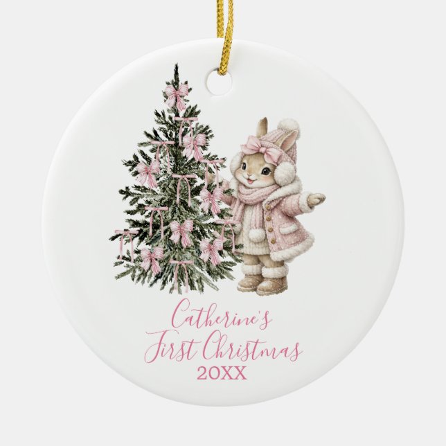 Pink Bows Pine Tree Christmas Bunny Winter Julgransprydnad Keramik (Framsidan)
