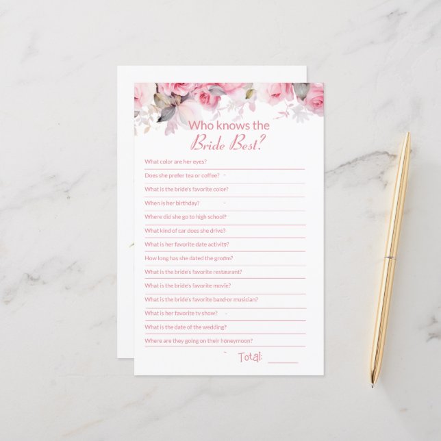 Pink Bridal Shower How well do you know Game Card (Fram/Back In Situ)