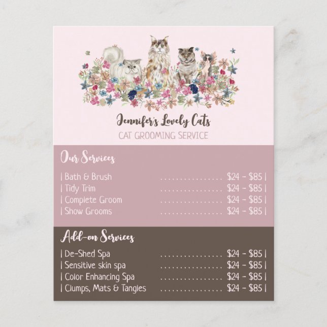 Pink Brochure Cats Groomer Service Offers Flygblad (Framsidan)