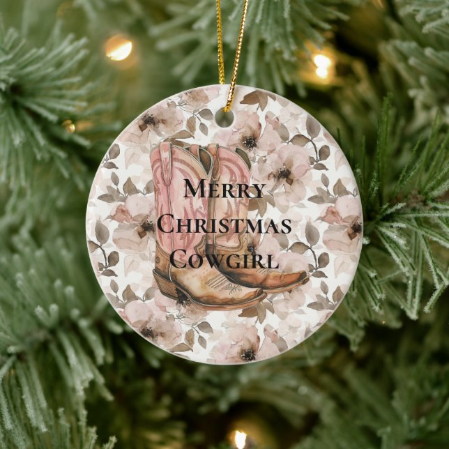 Pink Brown Cowgirl Boots Floral Christmas Julgransprydnad Keramik (Träd)