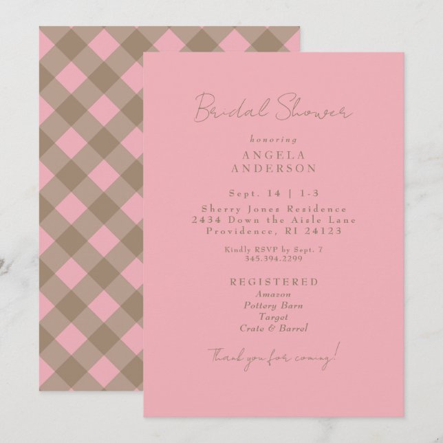 Pink & Brown Gingham Bridal Shower Inbjudningar (Fram/baksida)