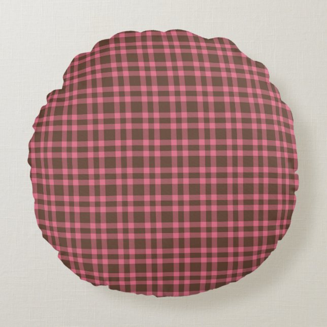 Pink Brown Plaid Pattern Rund Kudde (Framsidan)