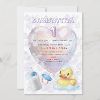 Pink Bubble Duck 1st Birthday Invite Inbjudningar