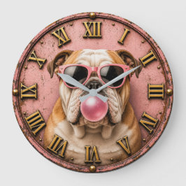 Pink Bubble Gum Bulldog with Sunglasses Stor Klocka