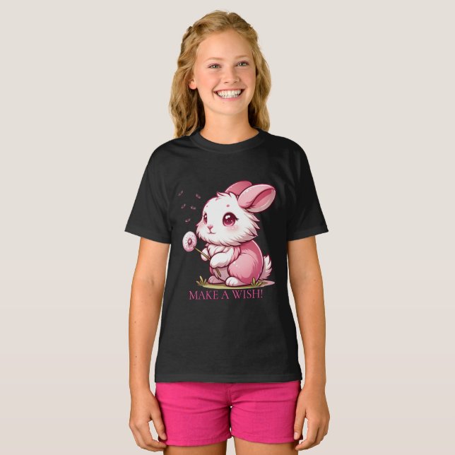 Pink Bunny and Dandelion Wish T Shirt (Hel framsida)