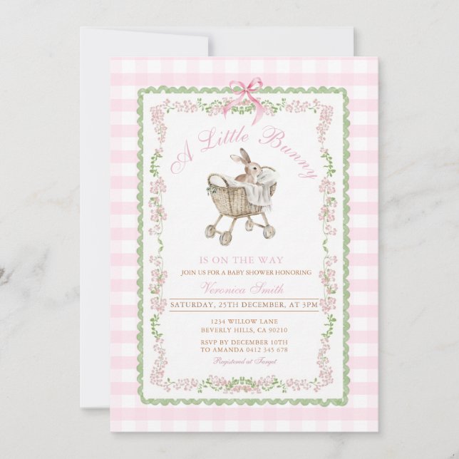 Pink Bunny Baby Shower Watercolor Grandmillennial  Inbjudningar (Framsida)