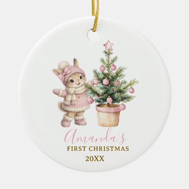 Pink Bunny Girl Rabbit First Christmas Keepsake Julgransprydnad Keramik (Framsidan)