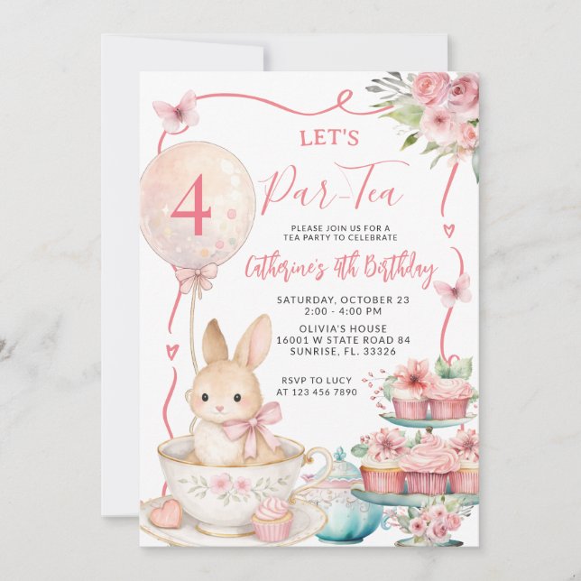 Pink Bunny Tea Party Birthday Let’s Par Tea Inbjudningar (Framsida)