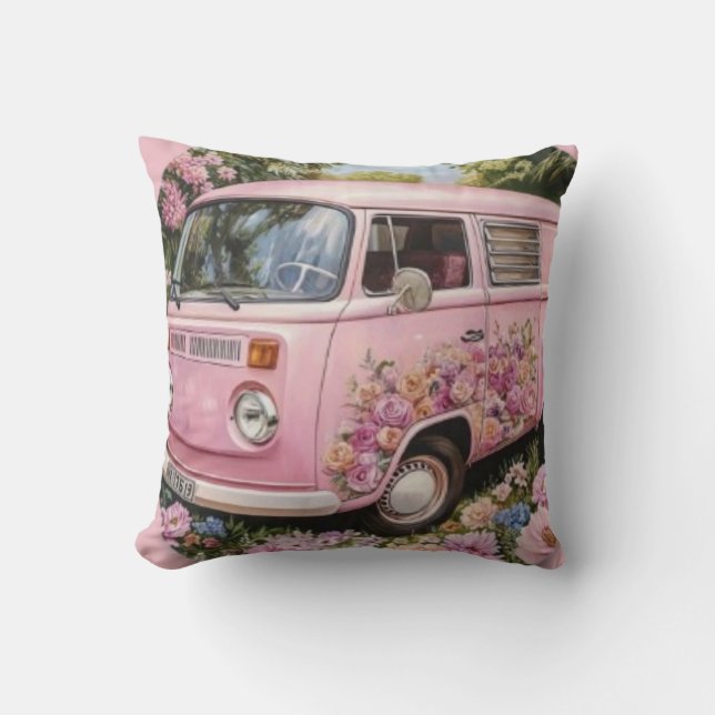 Pink Bus Beach Wall Art, Retro Van Print Californa Kudde (Framsida)