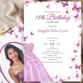 Pink Butterflies And Dress 18th Birthday Debut Inbjudningar