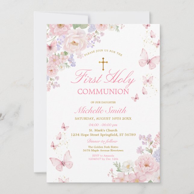 Pink Butterflies Dusty Floral First Holy Communion Inbjudningar (Framsida)