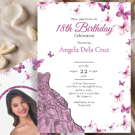 Pink Butterflies Fancy Dress 18th Birthday Debut Inbjudningar