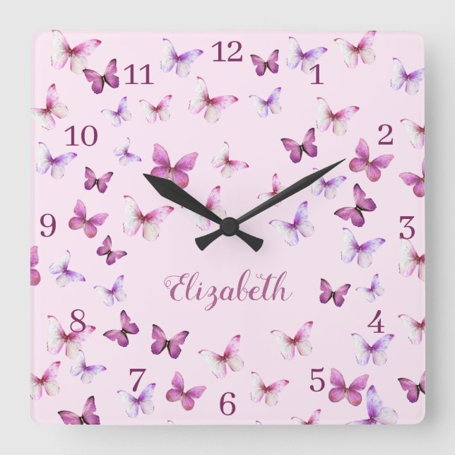 Pink Butterflies Pattern Custom Name Fyrkantig Klocka (Framsida)