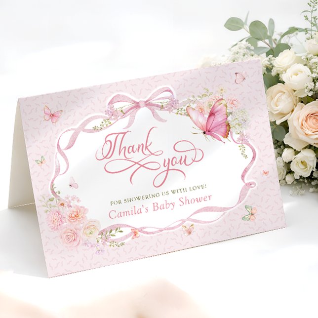 Pink Butterfly Bloom Baby Shower Thank You Card Tack Kort (Skapare uppladdad)