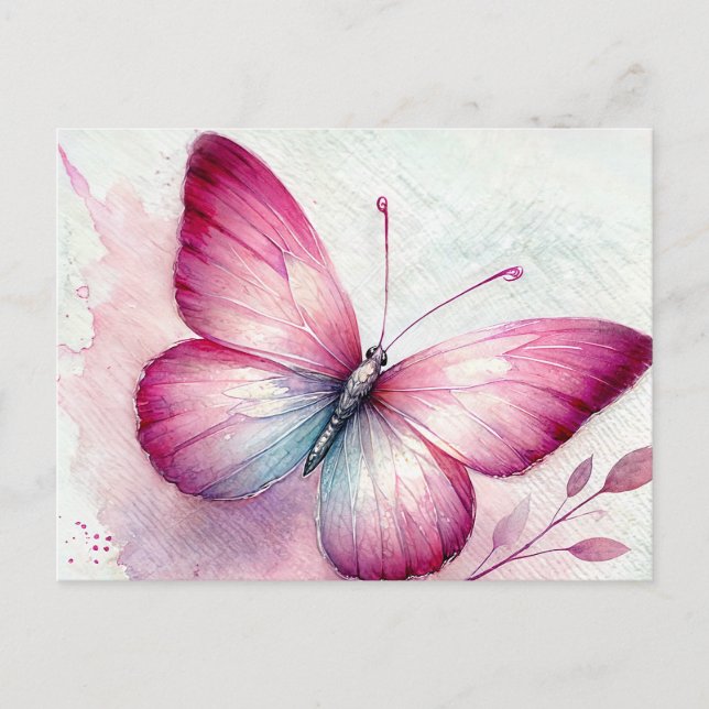 Pink Butterfly Botanical Watercolor Vykort (Framsida)