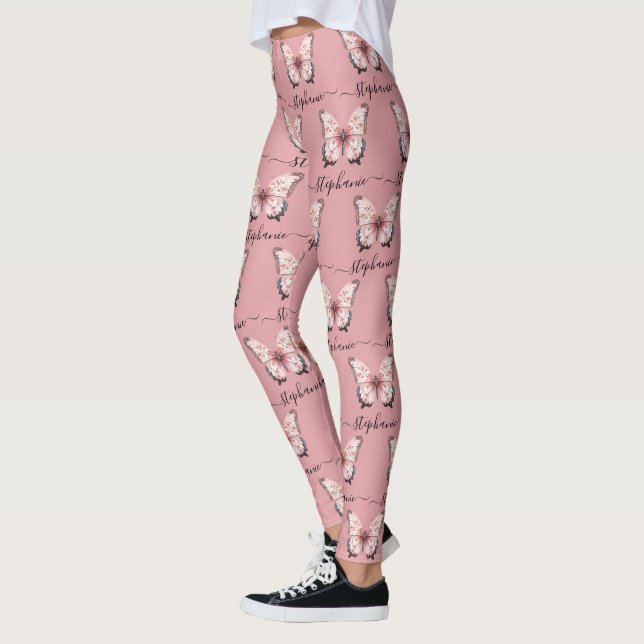 Pink Butterfly Custom Name Leggings (Vänster)