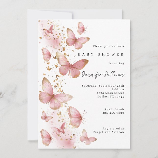 Pink Butterfly Minimalist Baby Shower Invitation Inbjudningar (Framsida)