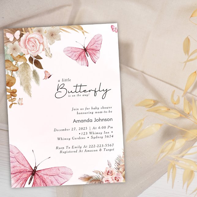 Pink Butterfly Pampas Grass Bohemian Baby Shower  Inbjudningar (Skapare uppladdad)