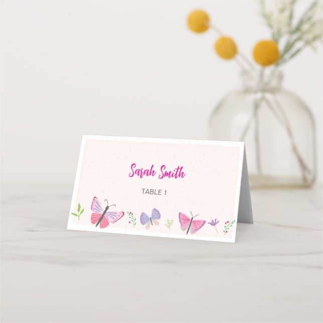 Pink Butterfly Themed Placecard Placeringskort (Framsida)