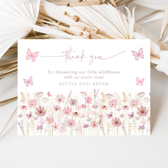 Pink Butterfly Wildflowers Baby Shower Tack Kort (Skapare uppladdad)