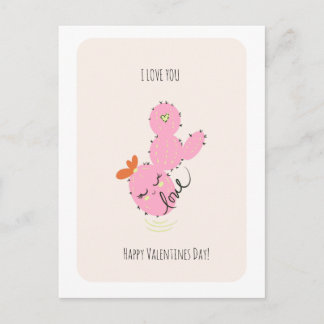 Pink Cactus Doodle Valentines Day Postcard Vykort