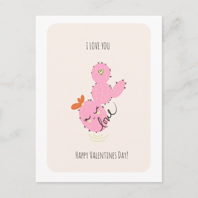 Pink Cactus Doodle Valentines Day  Postcard Vykort (Framsida)