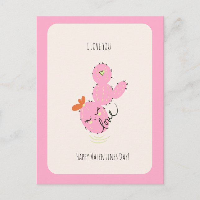 Pink Cactus Doodle Valentines Day  Postcard Vykort (Framsida)