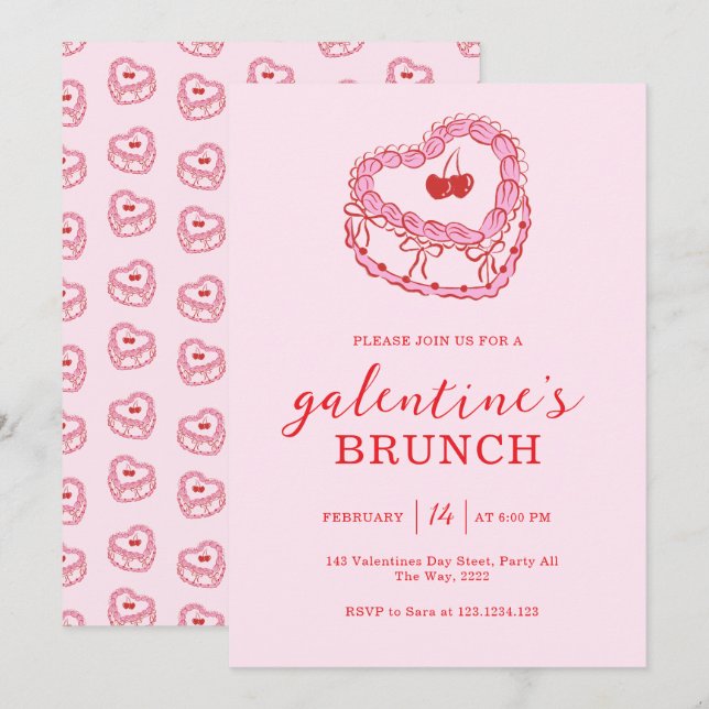 Pink Cake Galentine’s Day Brunch Inbjudningar (Fram/baksida)