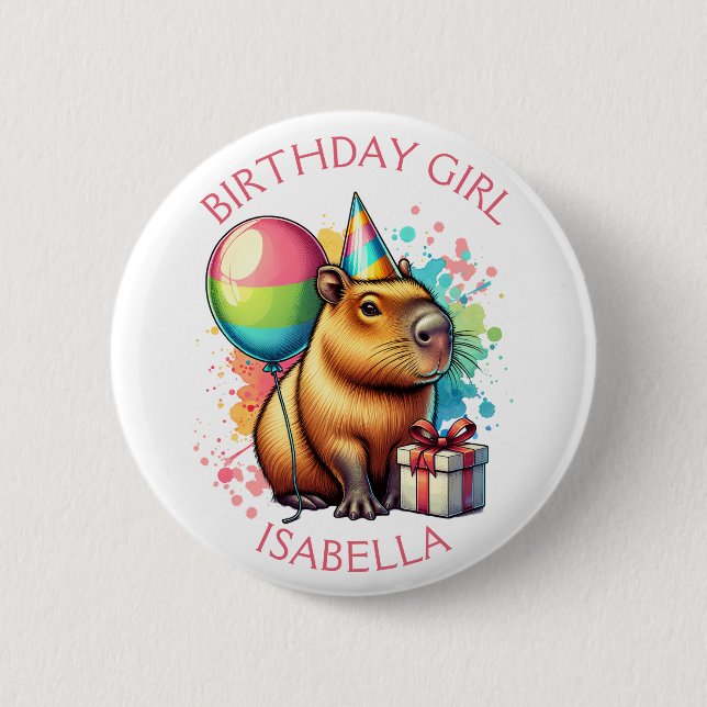  Pink Capybara Themed Birthday Girl Personalized Knapp (Framsida)